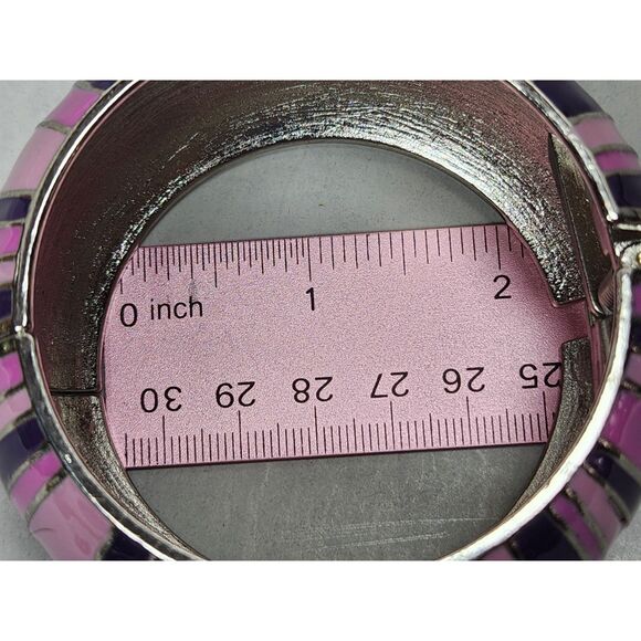 Pink Purple 1.5" Wide Clamper Bracelet Silver Tone Metal Chunky Domed Striped - Picture 9 of 9